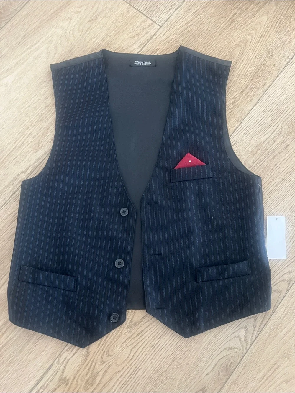 Holiday Editions Black Pinstripe Vest with Blue Shirt and Red Pocket Square